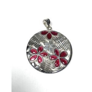 925 Sterling Silver Pendant Circle Flowers Red Enamel Women’s Vintage 3.18g